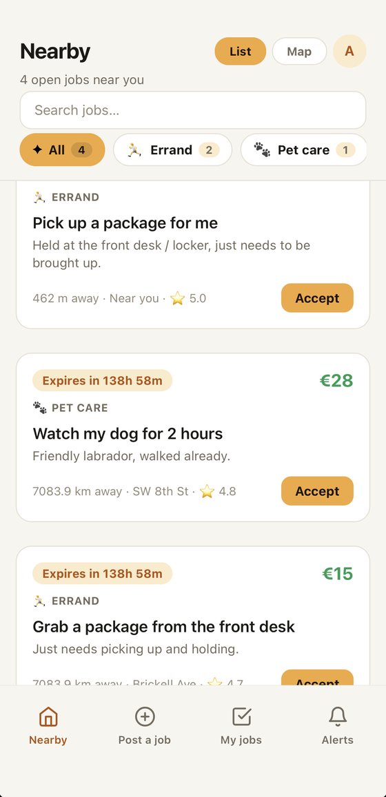 A list of open jobs with price, distance, poster rating and an Accept button