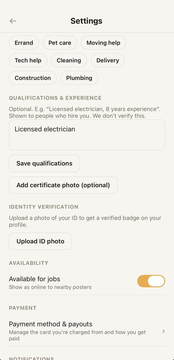 Settings screen showing skills, qualifications, identity verification, availability and payment options